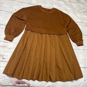 Brown Long Sleeve Babydoll Sweatshirt Dress Pleated Skirt Size S